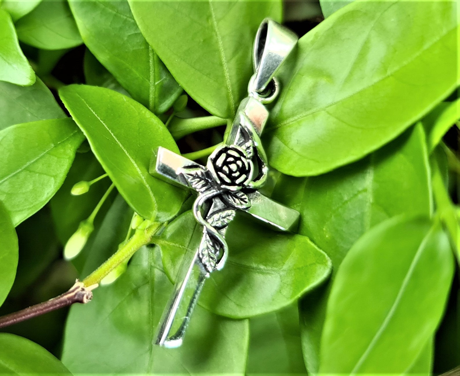 Rose Cross Pendant 925 STERLING SILVER Rosicrucian Floral Cross Sacred ...
