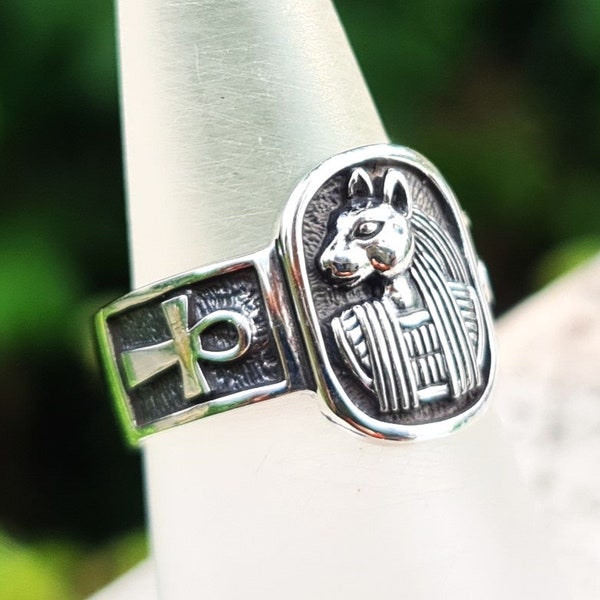 Bastet Goddess Ring 925 Sterling Silver God of Egypt Cat Egyptian Ankh Sacred Symbol Ancient Egypt Talisman Amulet