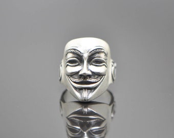 Guy Fawkes Mask Ring 925 Sterling Silver V for Vendetta Anonymous Mask Exclusive design