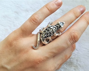 Lizard Ring STERLING SILVER 925 Spotted Gecko Lizard Handmade Excluisve Design Adjustable Size