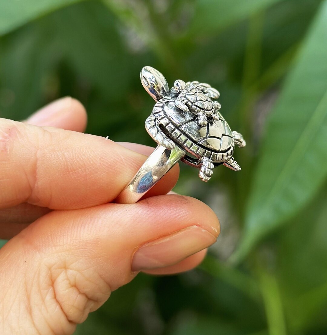 Sterling Silver Turtle Ring With CZ - .925 Silver Hawaiian Animal Band Ring, Sizes 4-9 - View #3