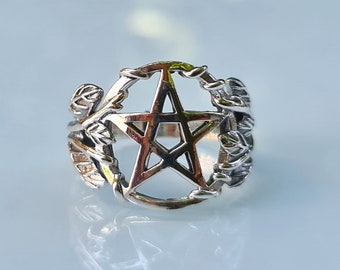 Pentagram Ring STERLING SILVER 925 Floral Pentacle  Sacred Symbols 5 pointed star Talisman Protective Amulet Exclusive Gift