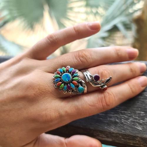 Bague tournesol en argent sterling 925, corail turquoise naturel, fleur d'opale, plusieurs pierres, fleur de soleil, fait main, design exclusif, taille réglable