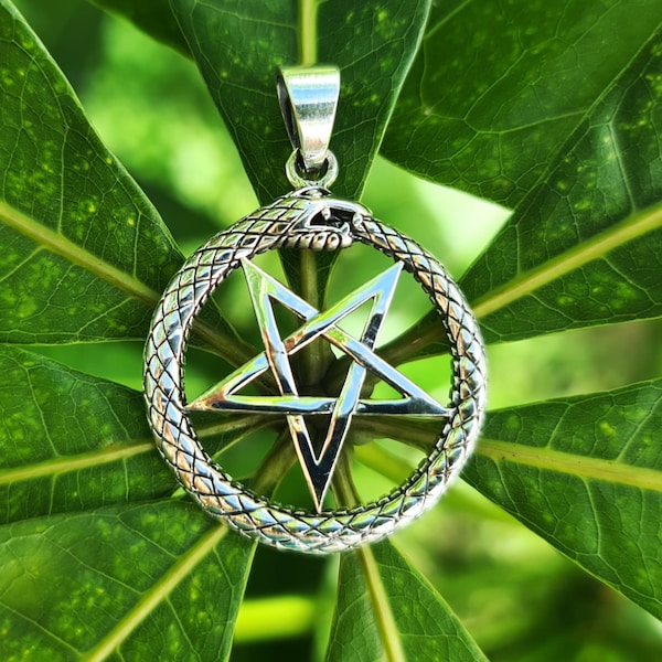 Inverted Pentagram Ouroboros Pendant Sterling Silver 925 Pentacle Star Snake Eating its Tail Sacred Symbol Talisman Protective Amulet