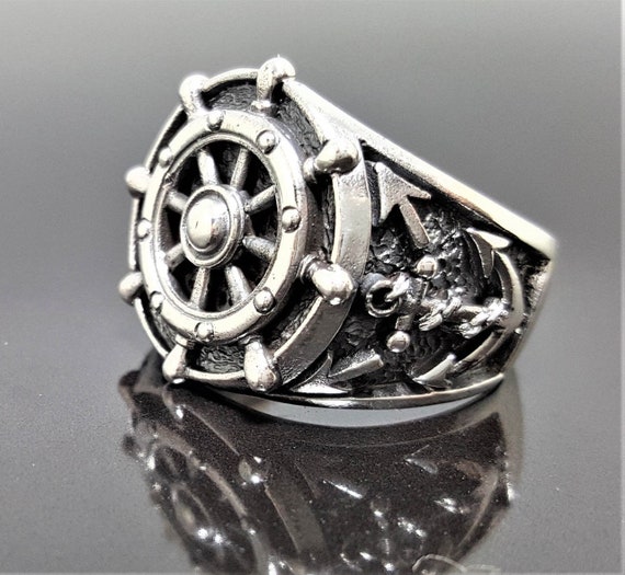 Ship Wheel & Anchor Nautical Ring 925 Sterling Silver Ship