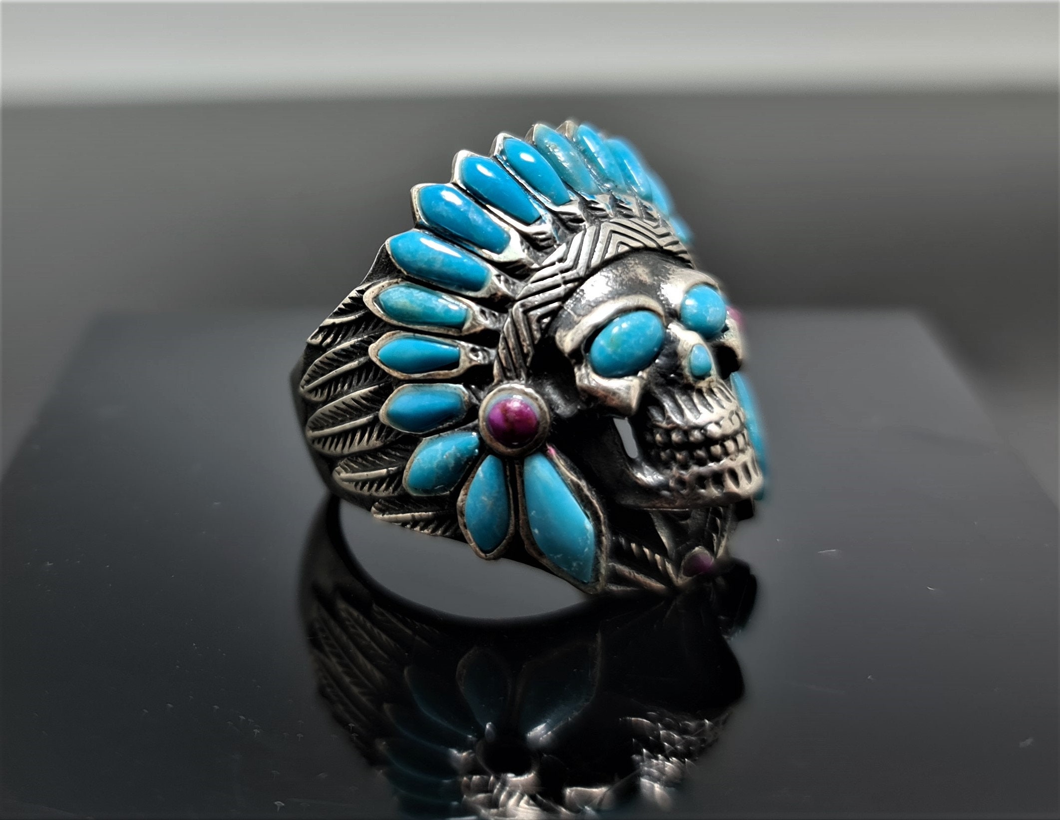 American Indian Skull TURQUOISE Ring Sterling Silver 925 Tribal Chief ...