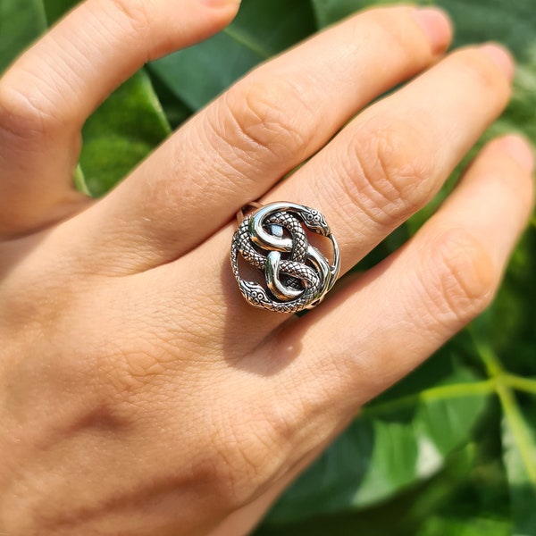 Double Snake Ring STERLING SILVER 925 Interlocking Snakes Serpent Swirl Occult Sacred Symbol Talisman Protective Amulet Exclusive Gift