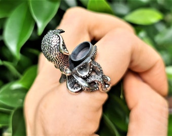 OCTOPUS Locket RING 925 Sterling Silver Secret Compartment Poison/medicine Box Ocean Sea Creature Tentacle Animal Talisman