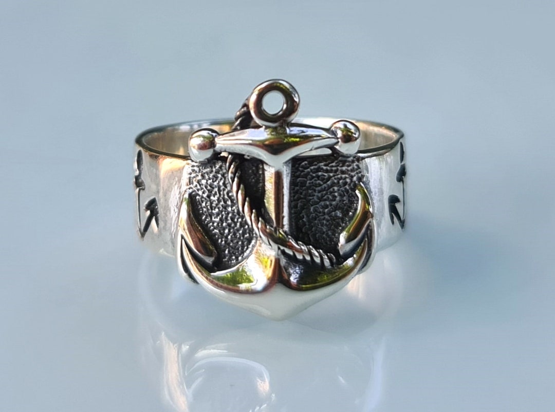 Nautical Rope Anchor Rings Anchor Nautical Ring STERLING SILVER 925 Ship Anchor With Rope Sailor ...
