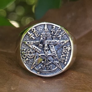 Tetragrammaton Ring 925 Sterling Silver Name of God YHVH Yahweh Pentagram Star Solomon Seal Ancient Sacred Symbols Protective Amulet