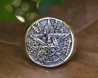 Tetragrammaton Ring 925 Sterling Silver Name of God YHVH Yahweh Pentagram Star Solomon Seal Ancient Sacred Symbols Protective Amulet