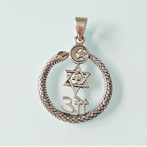 Ouroboros Pendant STERLING SILVER 925 Unity Sacred Symbols Om David Star Ankh Crescent Moon Spiritual Talisman Protective Amulet