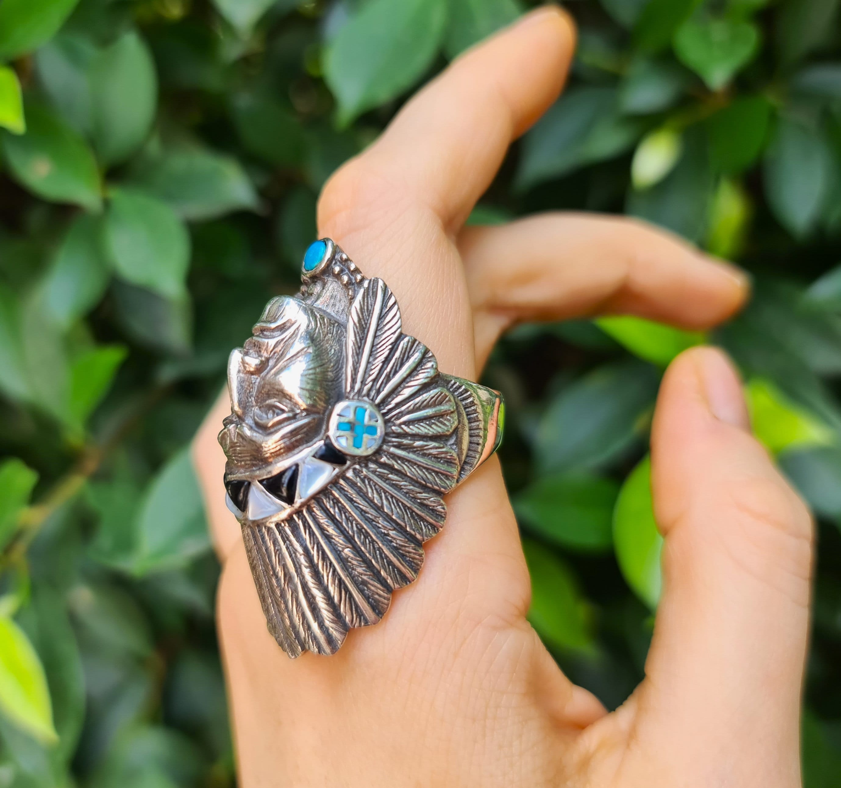 SILVER925 NATIVE AMERICAN RING/シルバー/リング Vintage 1985 G&S Native American Chief Biker Ring - Hallmarked