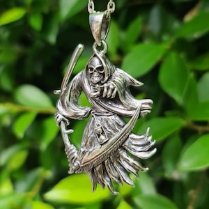Grim Reaper Pendant STERLING SILVER 925 Skeleton with Scythe Memento Mori Death Clock Hourglass Unique Design