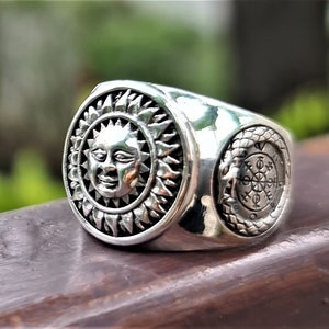 Sun God Ring STERLING SILVER 925 Ouroboros Vegvisir Runic Compass Celestial Divine Talisman Protective Amulet Sacred Symbol Divinity