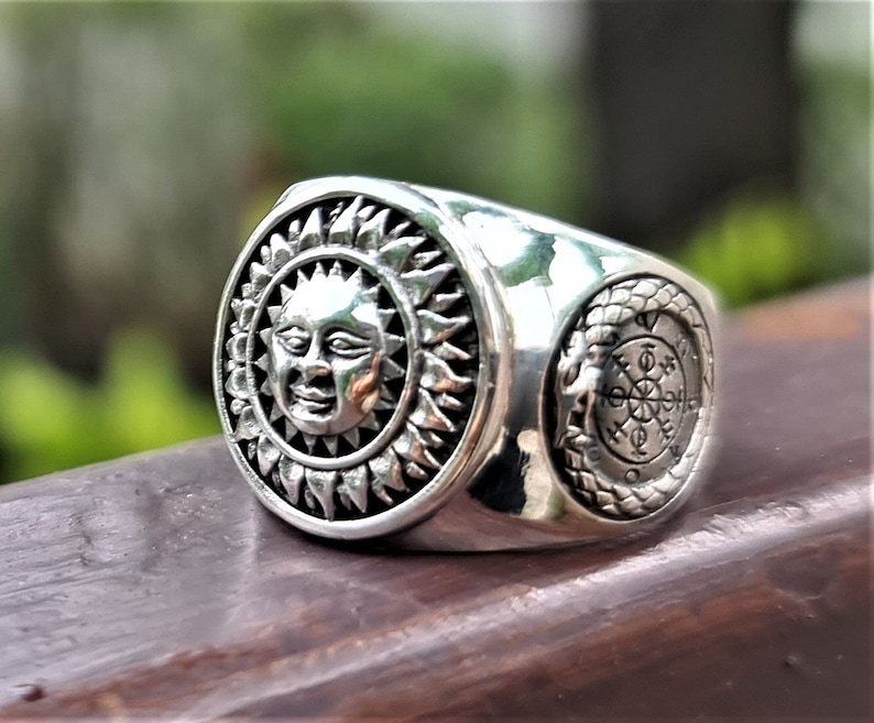 Sun God Ring STERLING SILVER 925 Ouroboros Vegvisir Runic Compass Celestial Divine Talisman Protective Amulet Sacred Symbol Divinity image 1
