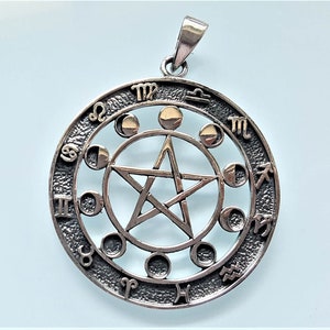 Moon Phases Pentagram Pendant STERLING SILVER 925 Star Energy Balance Zodiac Signs Astrology Sacred Symbols Talisman Amulet