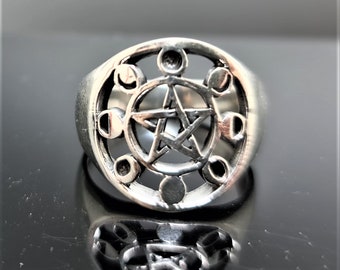 Pierścień z pentagramem faz księżyca, srebro próby 925, pięcioramienna gwiazda, równowaga energetyczna, astrologia, święte symbole, talizman okultystyczny, amulet