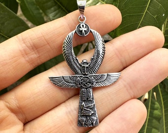 Collier Ankh Oeil D'Horus Ailes Sacrées - Acier Inoxydable Doré, égypte