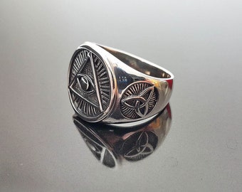 All Seeing Eye Pyramid STERLING SILVER 925 Ring Eye of Providence Talisman Amulet Sacred Symbol