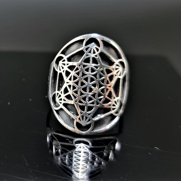 Bague cube Metatron ARGENT MASSIF 925 géométrie sacrée archange Metatron fruit de vie amulette talisman spirituel