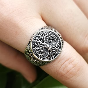 Tree of Life Ring STERLING SILVER 925 Bear Paw Yggdrasil Norse Symbol Universe Talisman Nordic Viking Runic Sacred Amulet