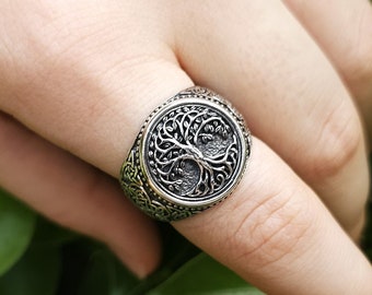 Tree of Life Ring STERLING SILVER 925 Bear Paw Yggdrasil Norse Symbol Universe Talisman Nordic Viking Runic Sacred Amulet