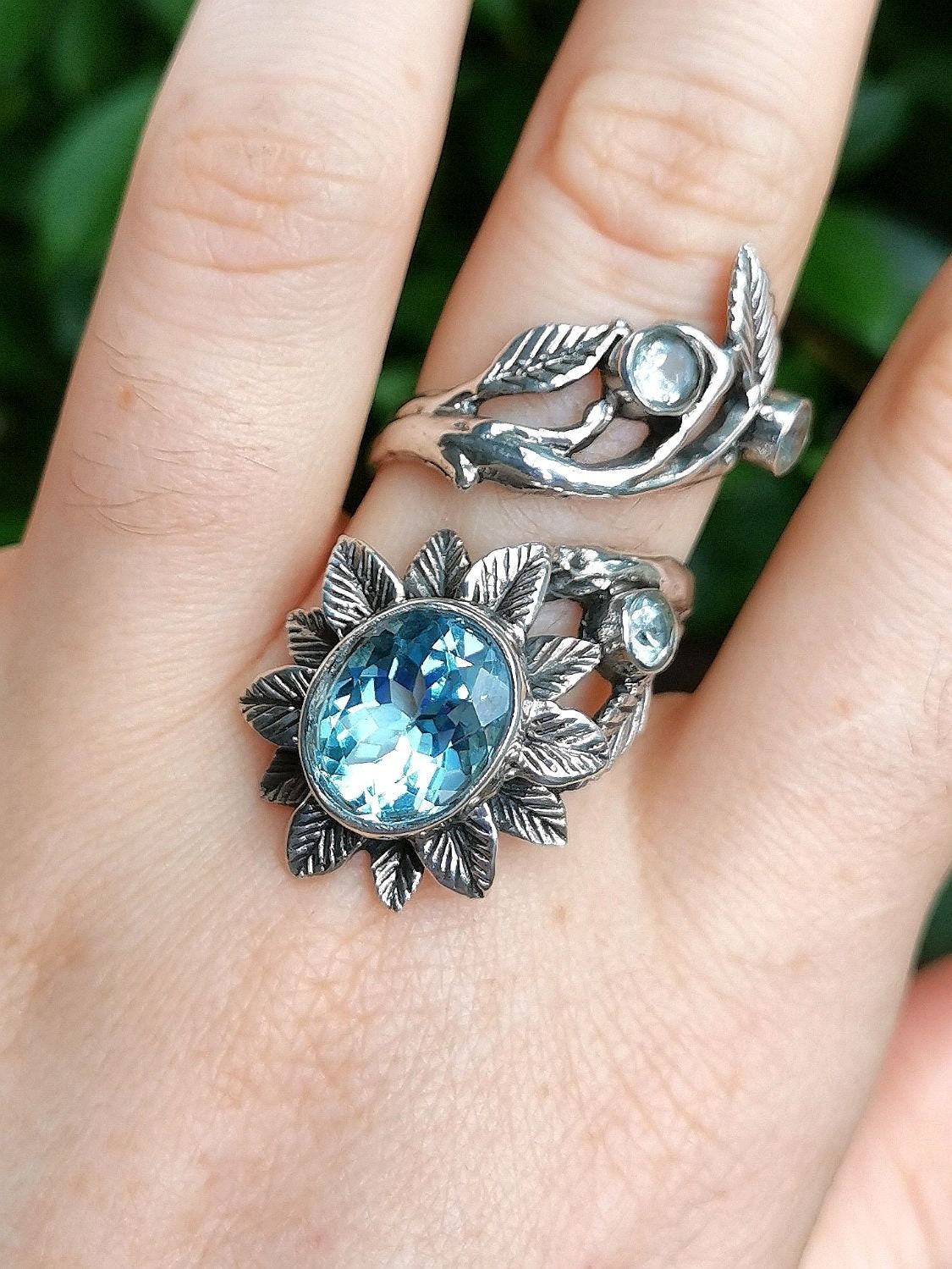 Anello Donna Con Topazio Blu Oceano - Regolabile, In Argento Placcato, Pietra Lab-Creata, Nuovo