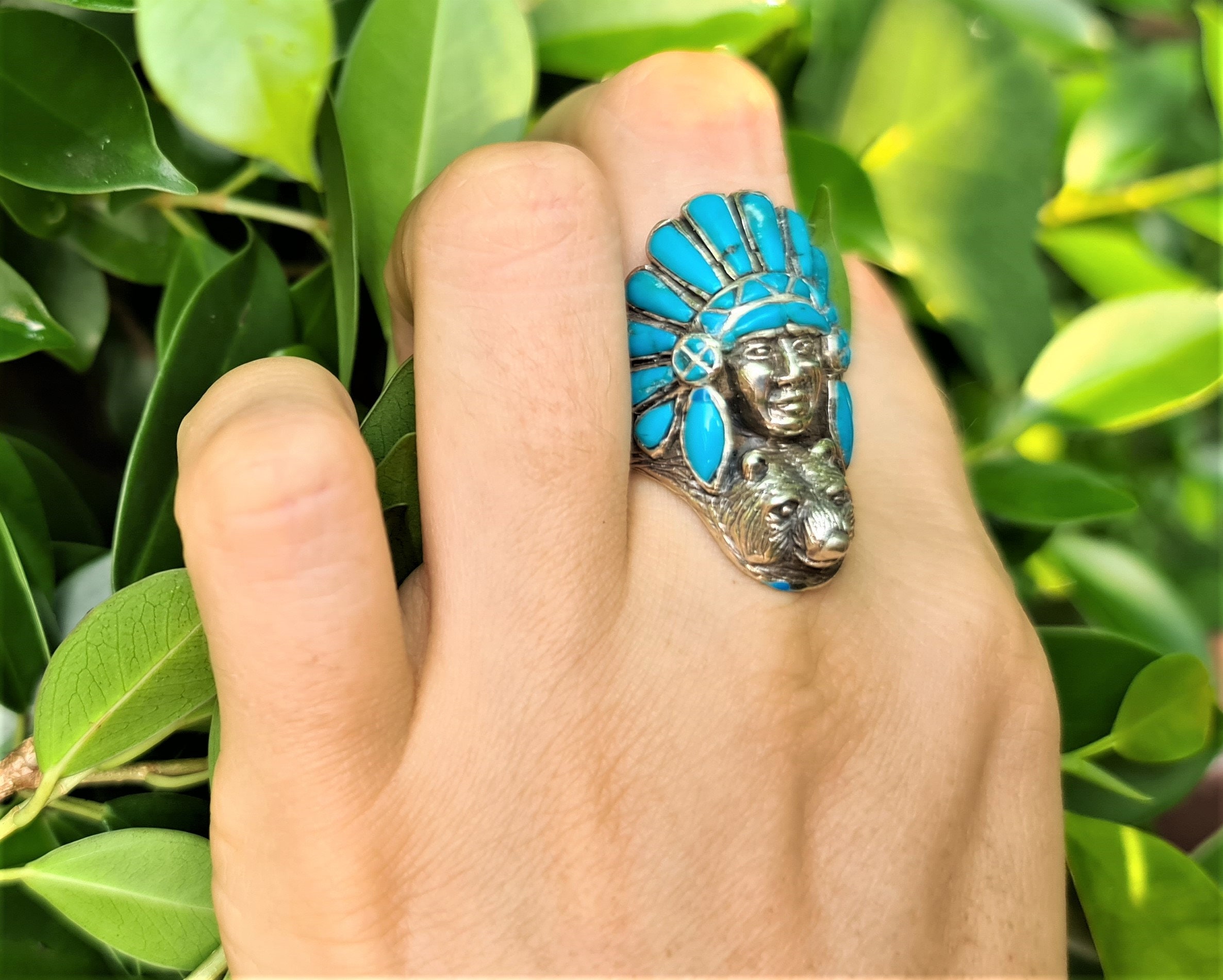 American Indian Ring 925 STERLING SILVER Natural Turquoise Inlay