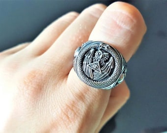 Ouroboros Ring STERLING SILVER 925 Owl All Seeing Eye Pyramid Sacred Ancient Symbol Skull and bones  Talisman Amulet