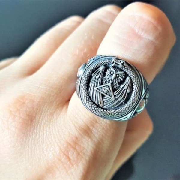 Ouroboros Ring STERLING SILVER 925 Owl All Seeing Eye Pyramid Sacred Ancient Symbol Skull and bones  Talisman Amulet
