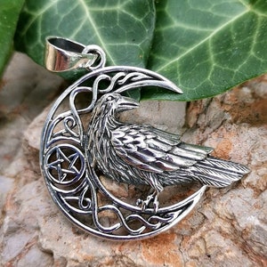 Crescent Moon Raven Pentagram Pendant STERLING SILVER 925 Celtic Viking ...