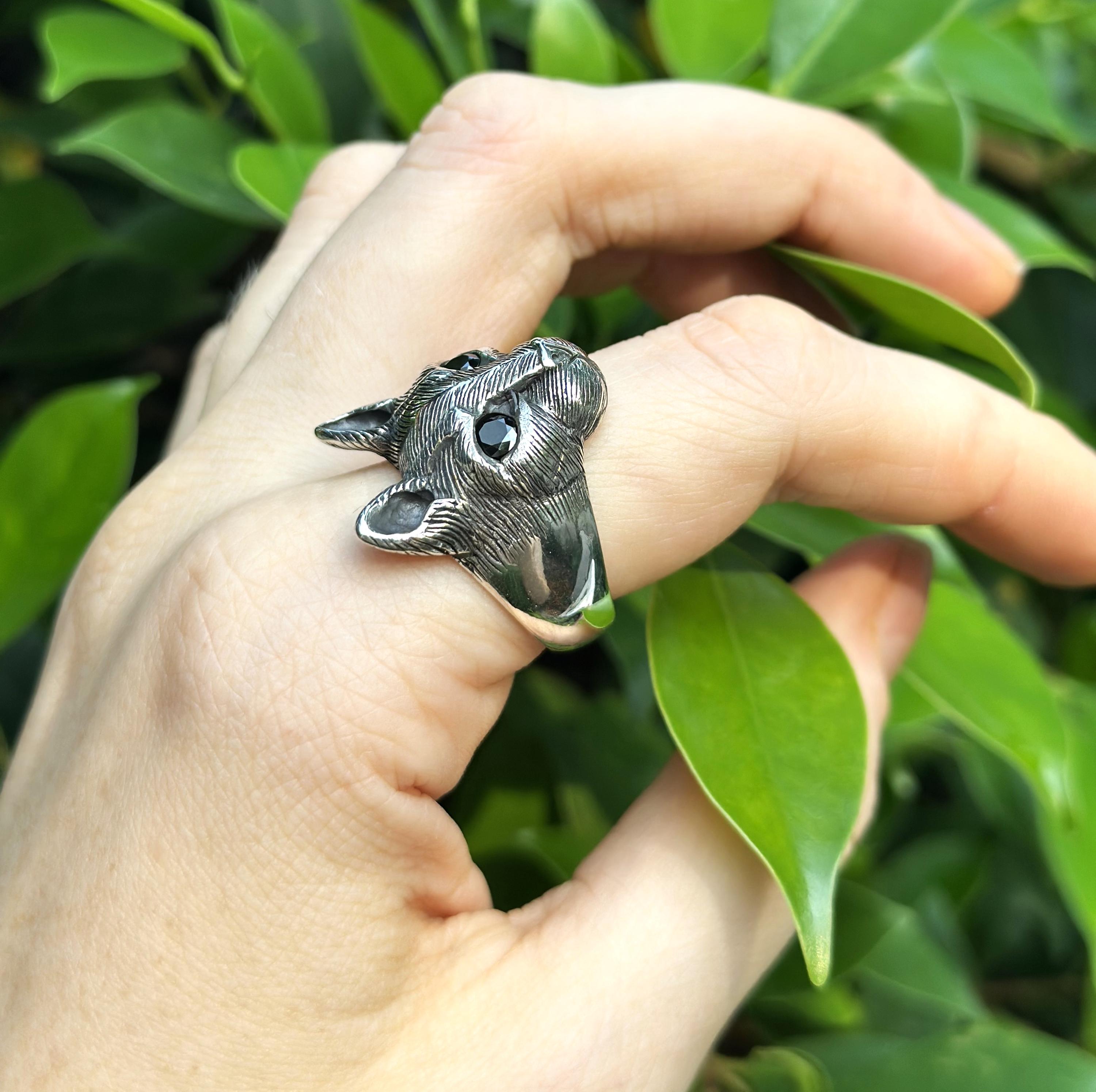 Cat Ring STERLING SILVER 925 Black Onyx Eyes Massive Cat's