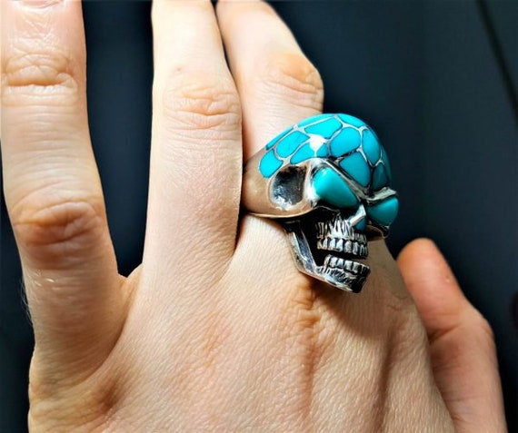 Skull Ring 925 STERLING SILVER Natural Turquoise Handmade Skull