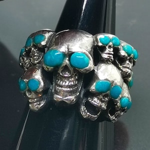 Skull Nugget Turquoise Ring 925 Sterling Silver Large Natural Turquoise Skulls Biker Rock Goth Punk 20 Grams