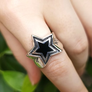 Shooting STAR Ring STERLING SILVER 925 Black Enamel Pentagram Star Biker Rocker Good Luck Ring