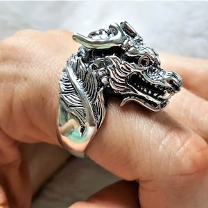 Chinese Dragon Ring 925 Sterling Silver Black Onyx Eyes Ancient Sacred Symbol Good Luck Talisman Amulet Large Massive Heavy 28 grams