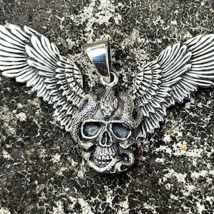 Winged Skull Pendant 925 STERLING SILVER Skull with Wings Skull Serpent Biker Rocker Goth Snake slithering through a Skull’s Eye Socket
