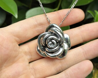 Large Rose Flower Pendant STERLING SILVER 925 Massive Silver Rose