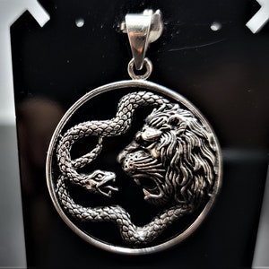 Lion and Snake Pendant STERLING SILVER 925 Lion Head Talisman Gift