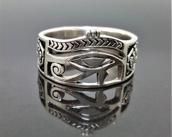 Eye of Horus Ring STERLING SILVER 925 Ancient Egyptian Symbols of Life Ankh Scarab Sacred Talisman