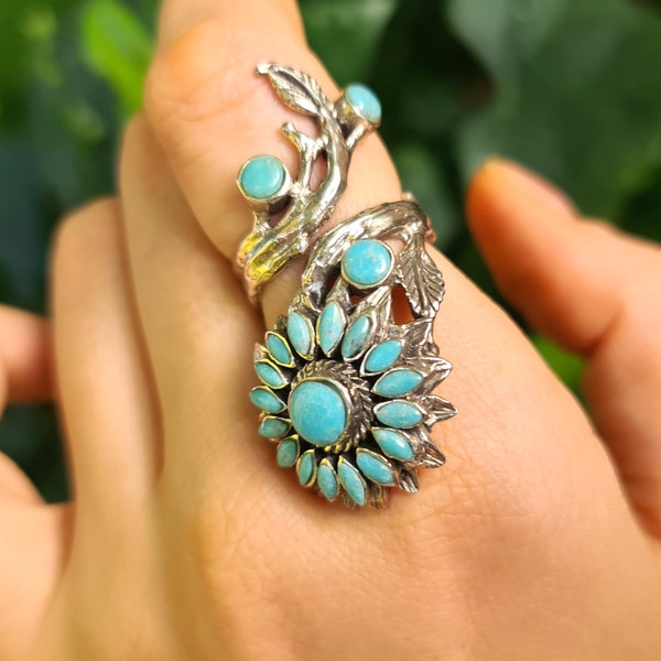 Bague fleur turquoise en argent sterling 925, tournesol, pierre précieuse véritable, cadeau exclusif unique, réglable