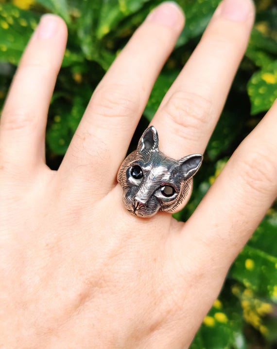 猫の指輪 スターリングシルバー 925 ブラックオニキスの目 巨大な猫の