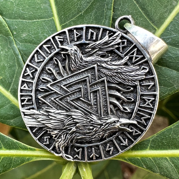 Valknut Huginn and Muninn Runic Pendant STERLING SILVER 925 Runes Valknut Raven Morrigan Norse Sacred Talisman