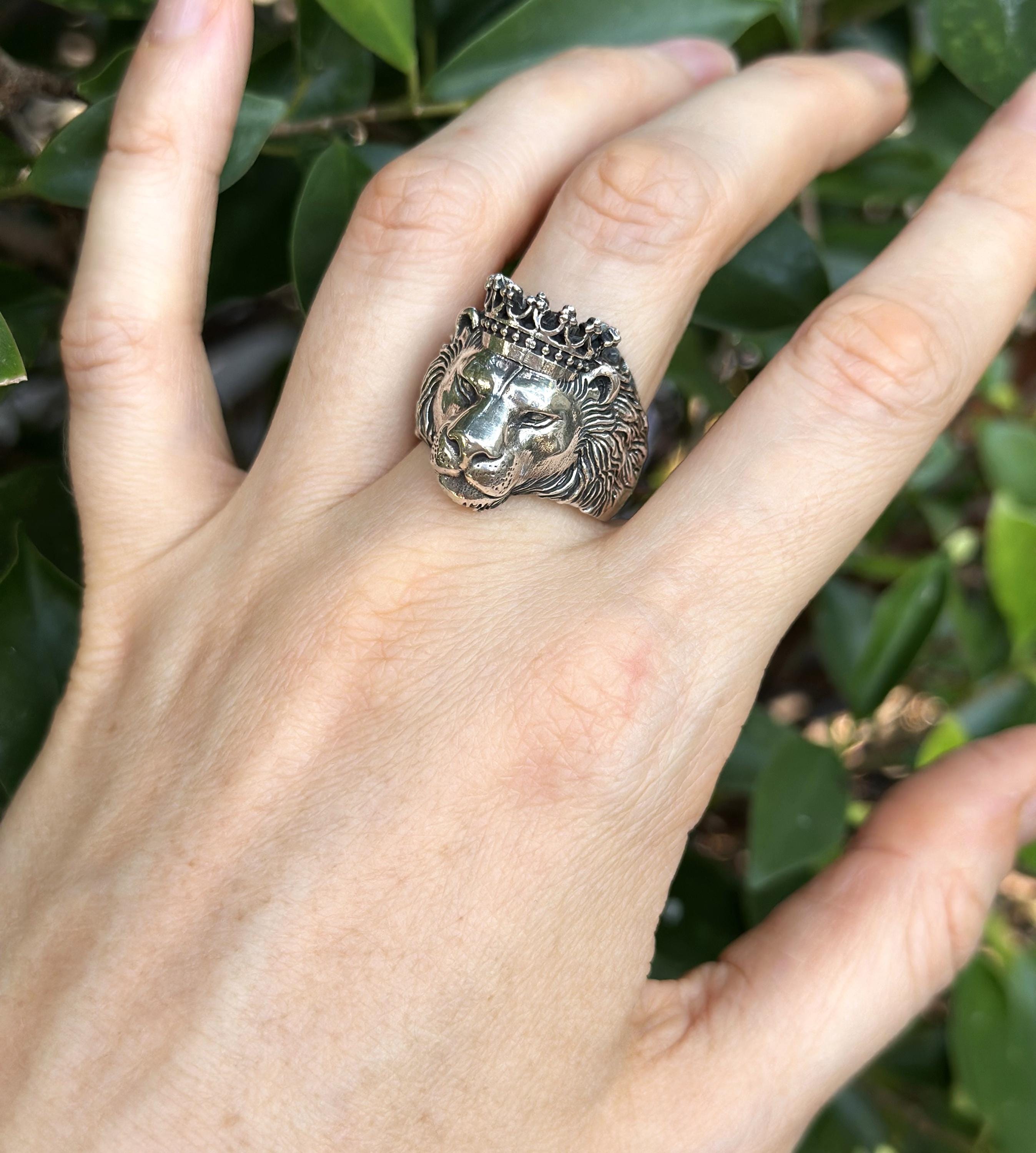 Lion Ring 925 STERLING SILVER Crowned LION Head Crown Royal Power