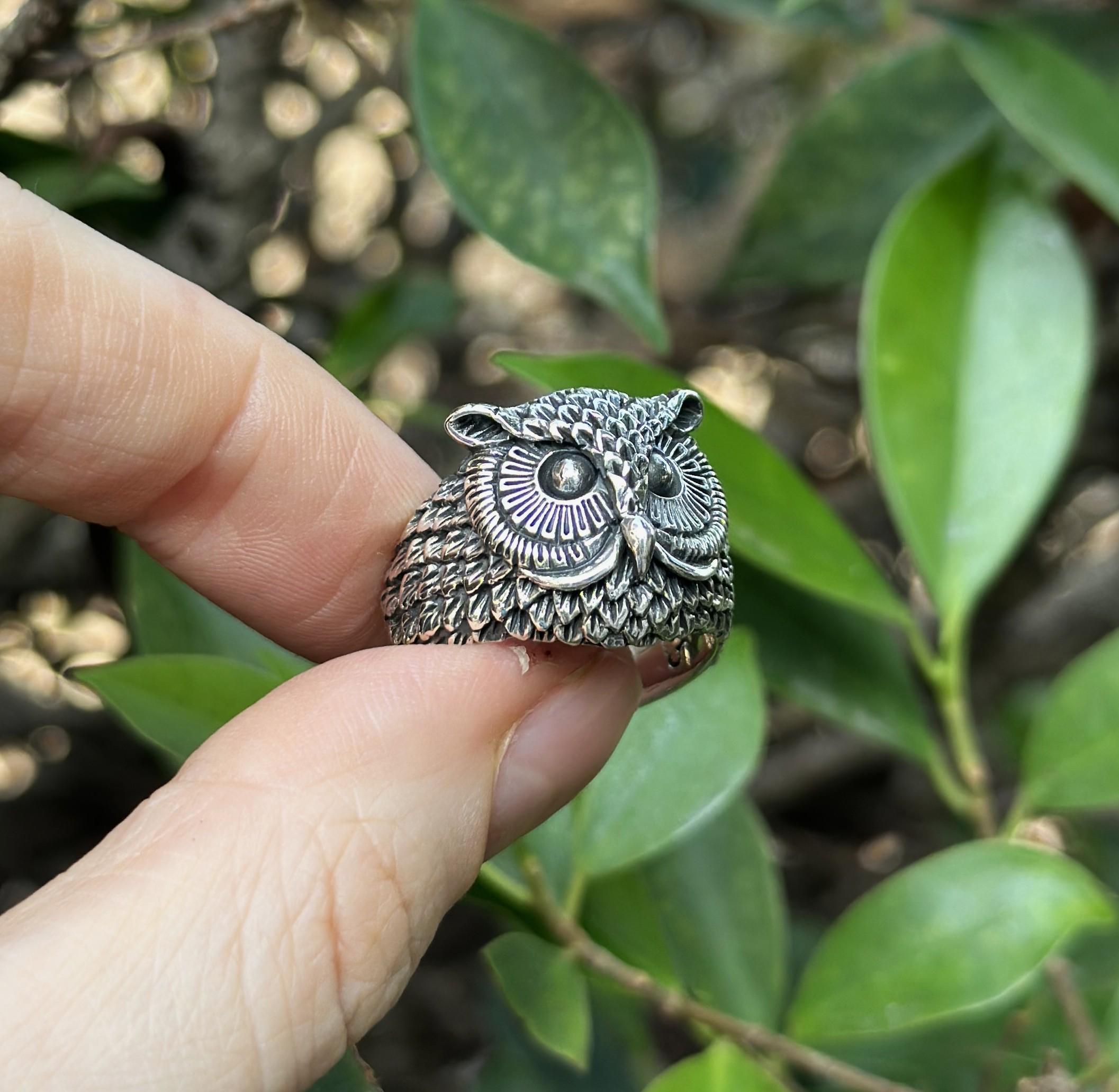 Owl Head Ring STERLING SILVER 925 Symbol of Wisdom Talisman Amulet Totem Animal Bird