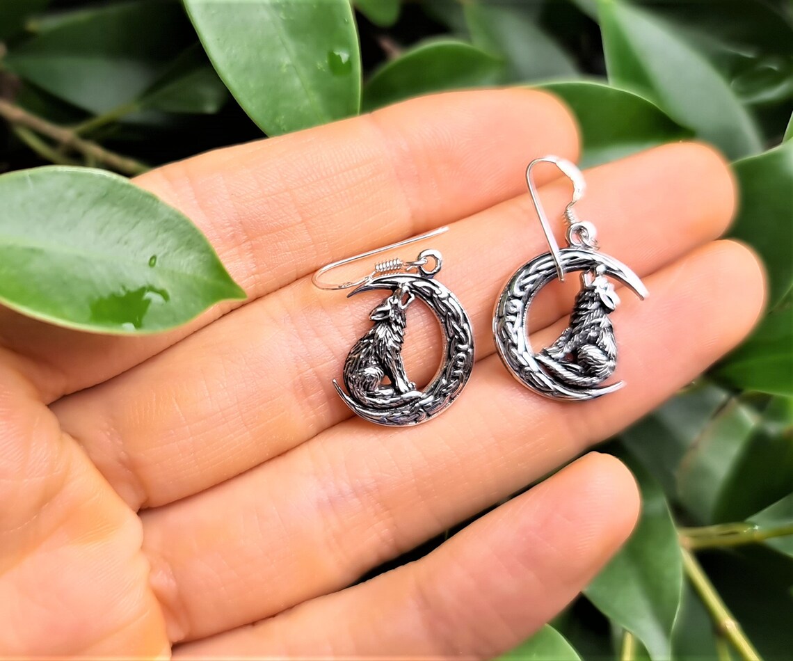 Wolf and Moon 925 Sterling Silver Earrings