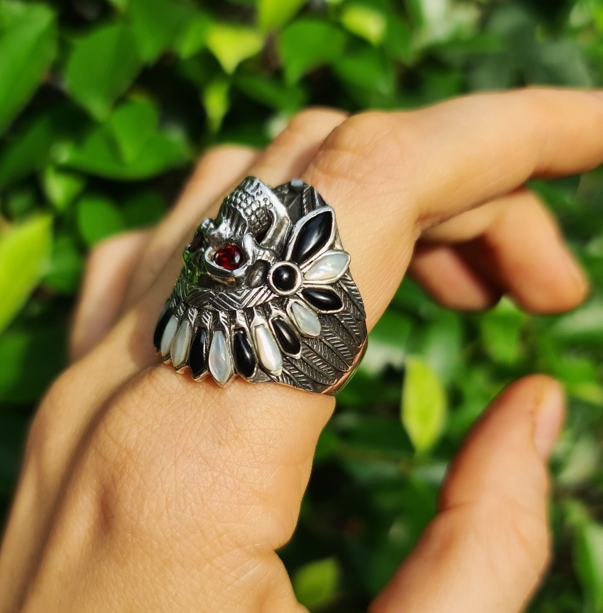 American Indian Skull Chief Warrior Ring STERLING SILVER 925