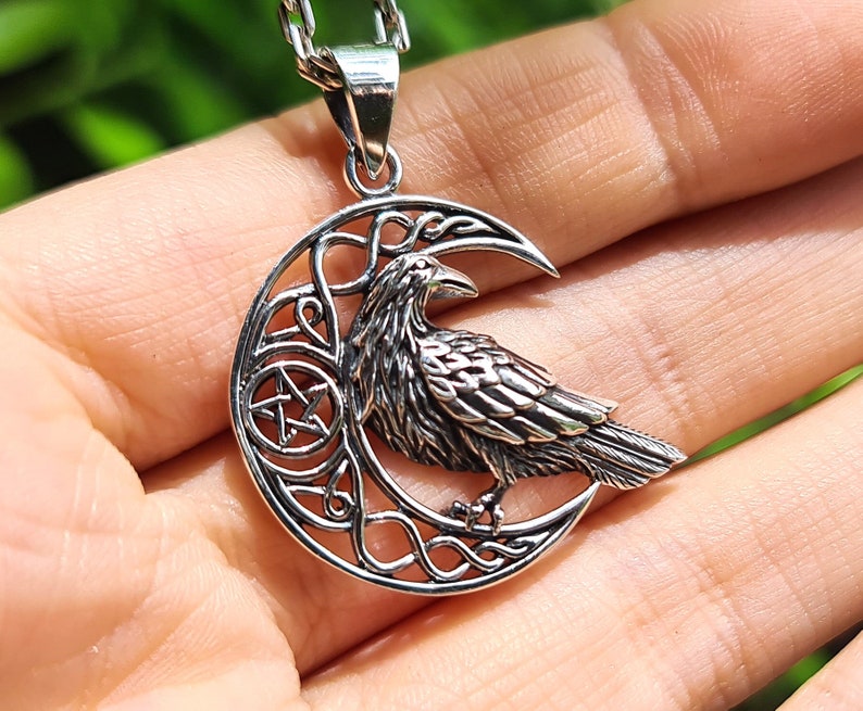 Crescent Moon Raven Pentagram Pendant STERLING SILVER 925 Celtic Viking ...
