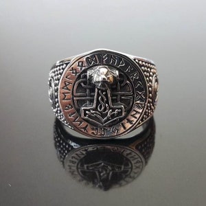 Thor's Hammer Ring 925 Sterling Silver Mjolnir Viking Scandinavian Norse Runes Protective Amulet